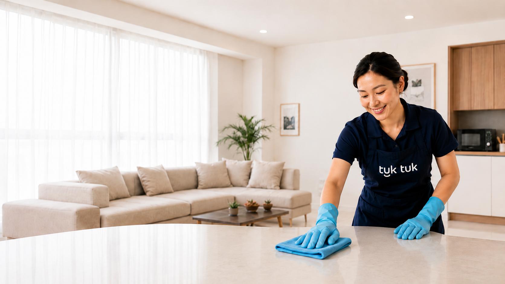 Professional tuk tuk cleaner in a modern apartment