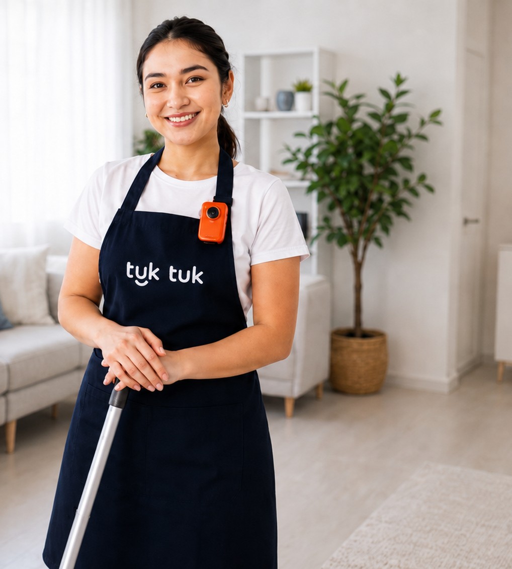 A tuk tuk cleaner with a body camera in a bright living room